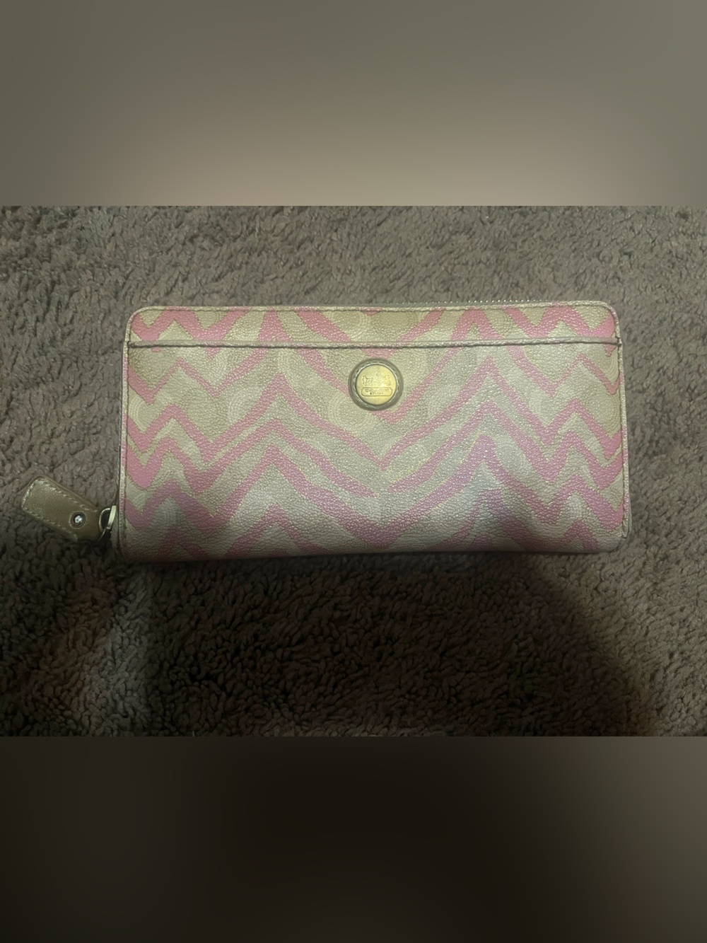 Coach Pink and Cream Chevron Zip Wallet with Logo Medallion